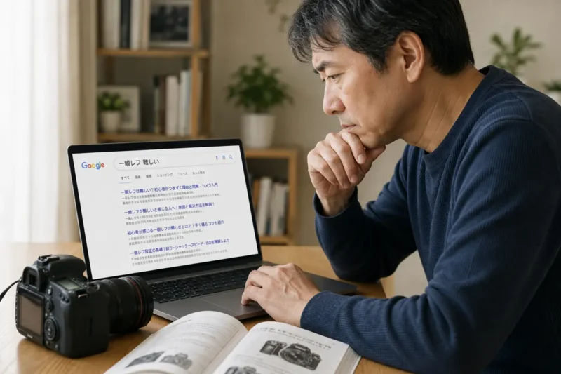 一眼レフは難しいと感じ、説明書を見ながらネットで撮り方を調べている男性のイメージ