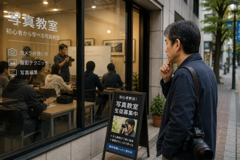 近くの写真教室も気になり教室を検討している男性のイメージ